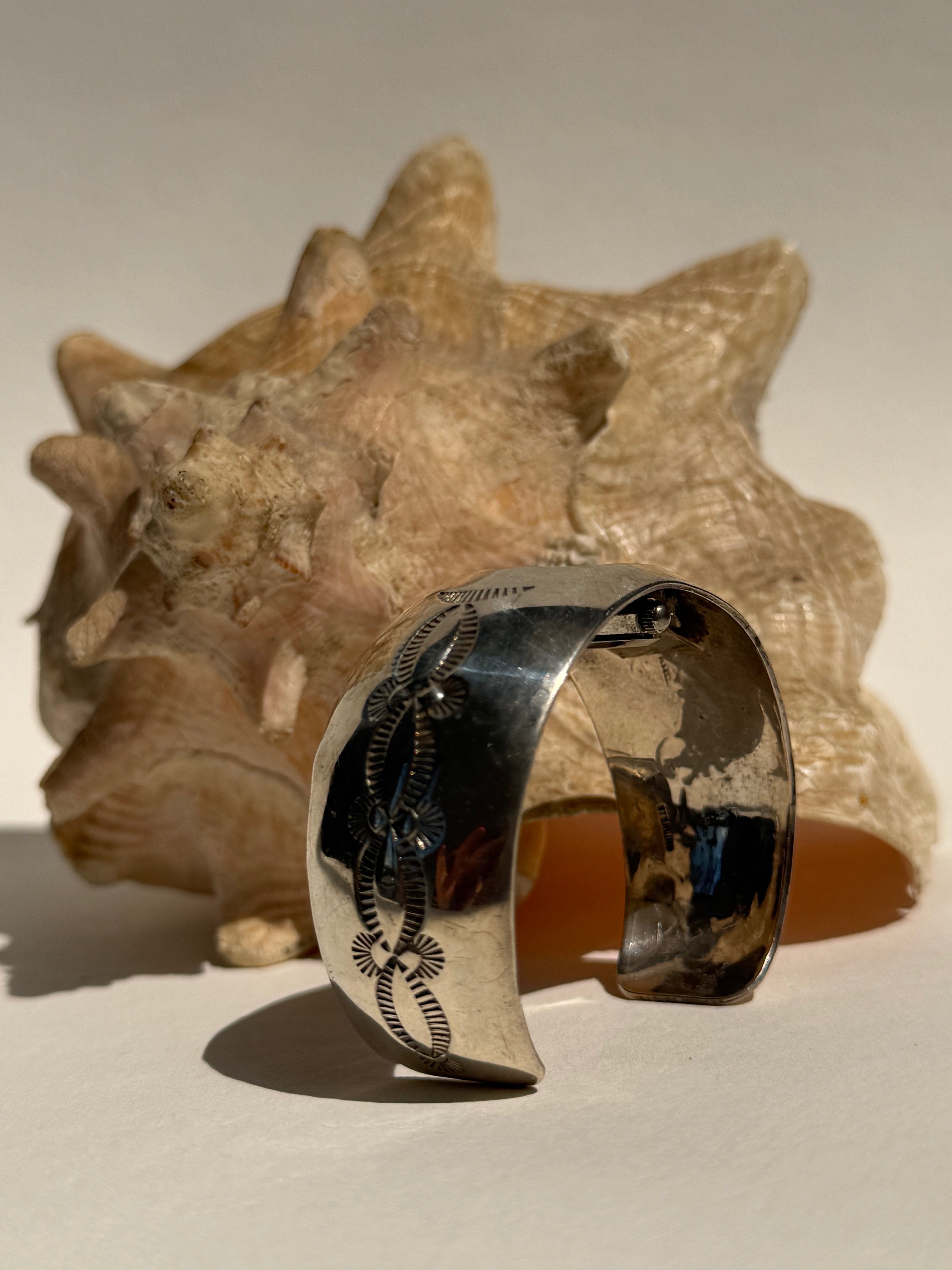 SILVER NATIVE AMERICAN CARVED CUFF WATCH