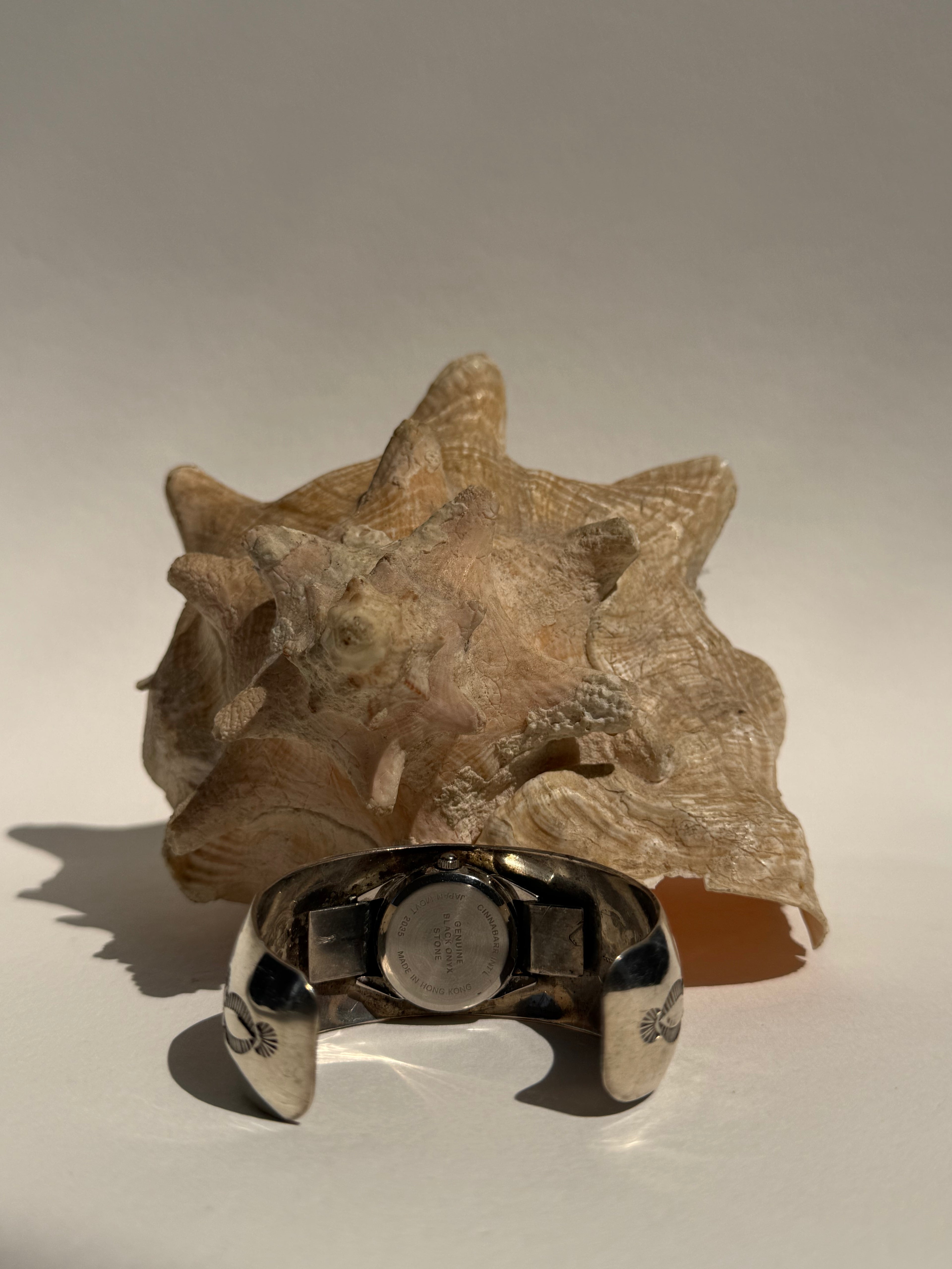 SILVER NATIVE AMERICAN CARVED CUFF WATCH