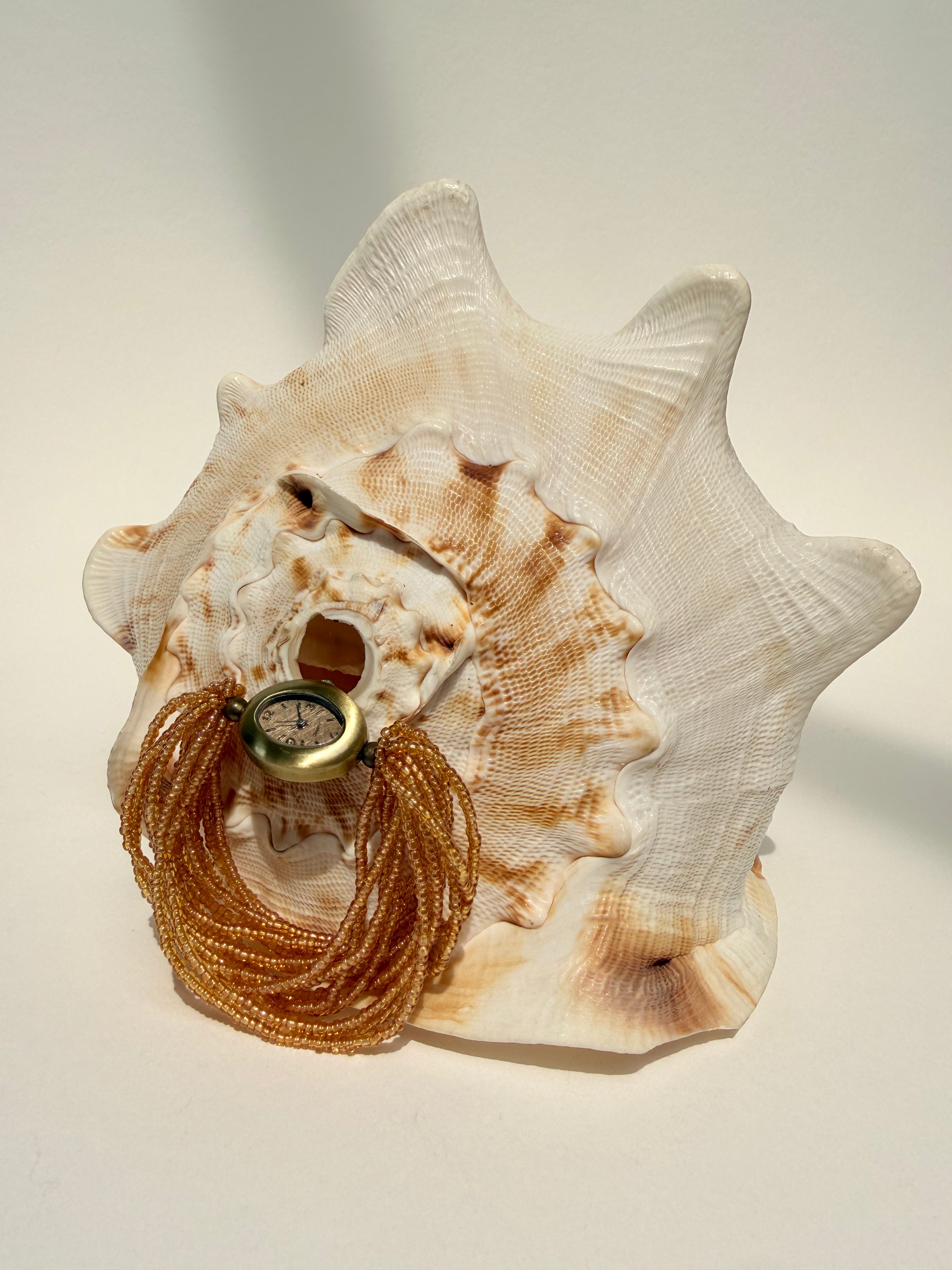 BEADED BAND GOLD TONAL OVAL STRETCH CUFF WATCH